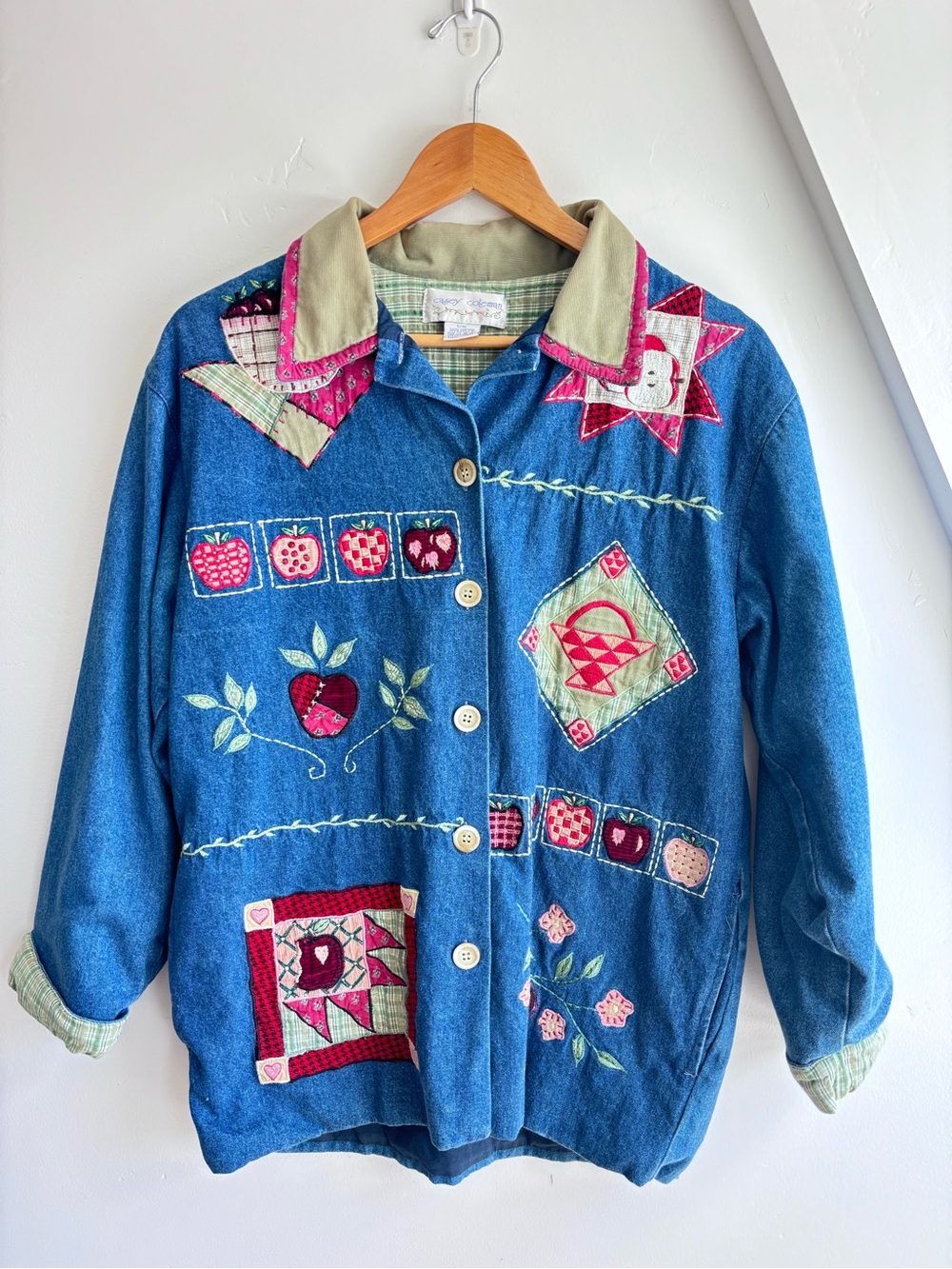 Vintage Patchwork Teacher Apple back to school fall Denim Jacket Embroidered S/M